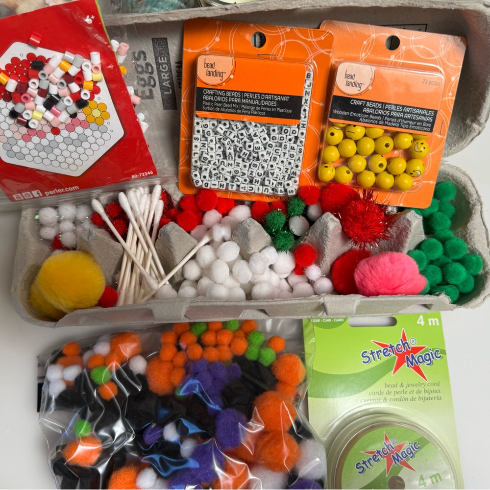 Crafting lot! Candle jar lids for bling, holiday pompons, beads, Perler beads
